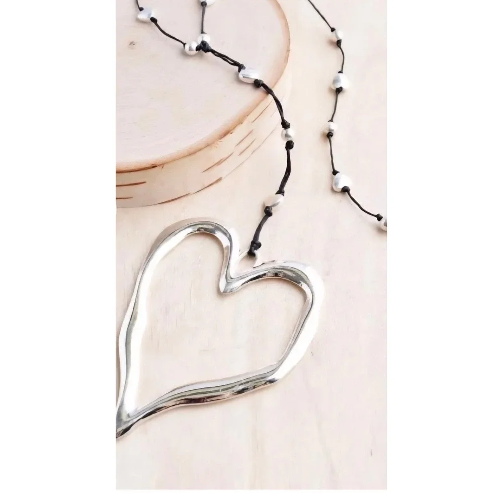 Oversized Hammered Open Heart Pendant Long Black Cord Necklace Silver Tone 17